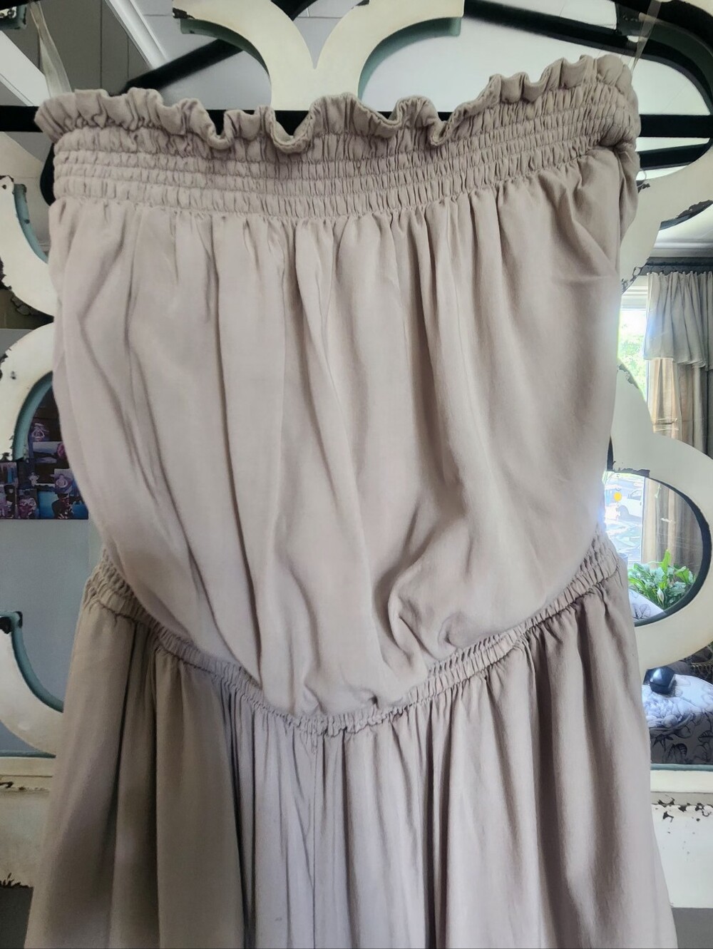 Smocked, Fully lined, Elastic Waist jumpsuit in Light Taupe